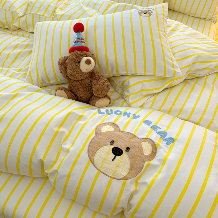 91家纺网 家纺一手货源 找家纺 雅居纺 2024新款全棉绣花老粗布单被套四件套 幸运熊