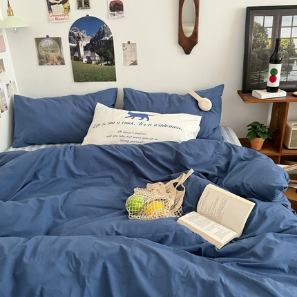 艾沁 2024新款博主风全棉加密水洗棉四件套 漫步（枕套蓝色+白色）