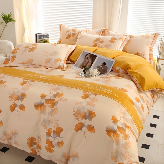 91家纺网 家纺一手货源 找家纺 金纱玉纺家纺 2024新款加厚AB版四件套金叶飘香黄AB