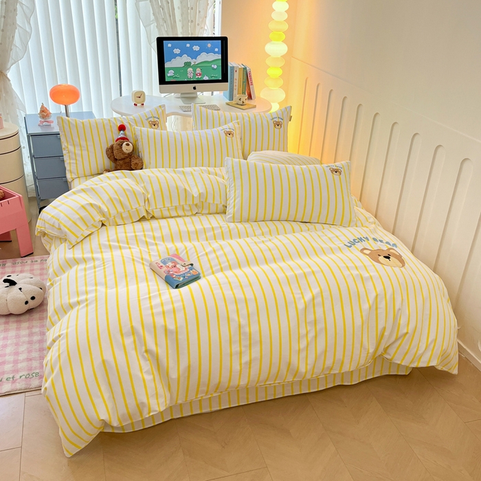 91家纺网 家纺一手货源 找家纺 雅居纺 2024新款全棉绣花老粗布单被套四件套 幸运熊