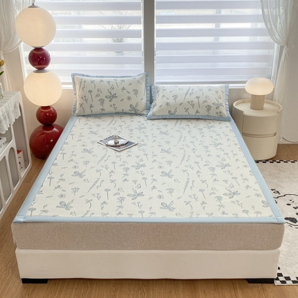 91家纺网 家纺一手货源 找家纺 典冠 2024新款A类乙伦凉感PE凉席海洋丝裸睡软席三件套 花朵蓝