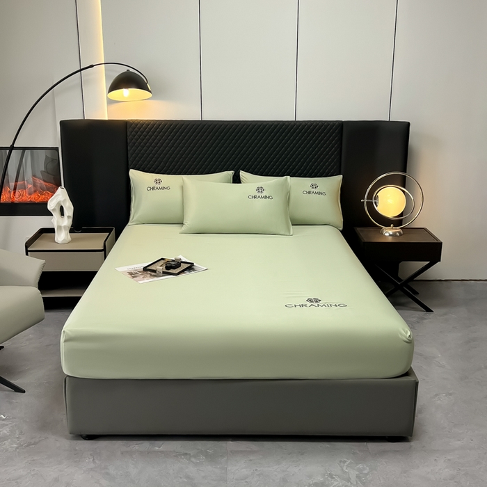 91家纺网 家纺一手货源 找家纺 笠裙家纺 2024新款水洗真丝刺绣床笠系列  浅豆绿