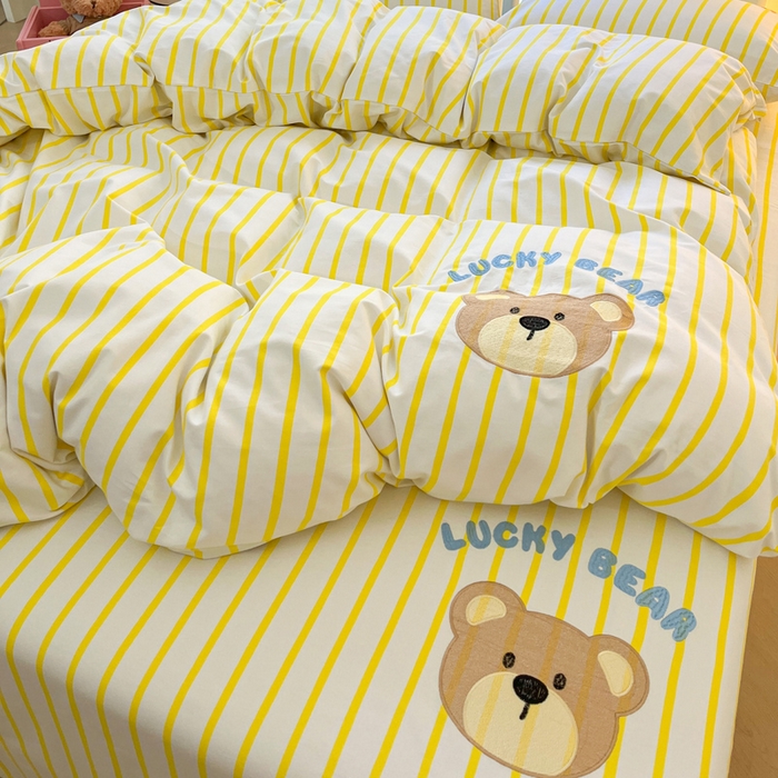 91家纺网 家纺一手货源 找家纺 雅居纺 2024新款全棉绣花老粗布单被套四件套 幸运熊