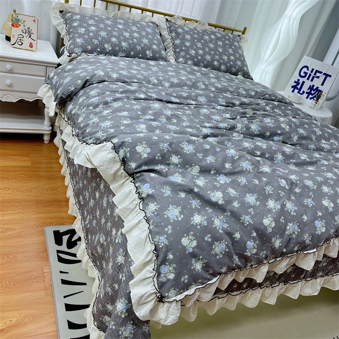 91家纺网 家纺一手货源 找家纺 暖居 2024新款韩系泡泡点棉花砂洗被套砂洗棉花床盖四件套 晚介