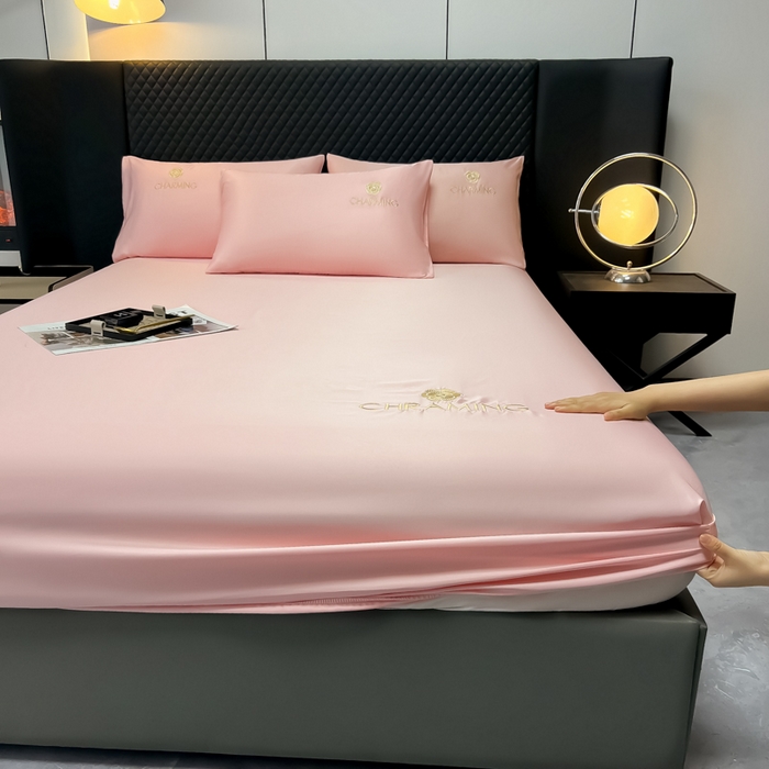 91家纺网 家纺一手货源 找家纺 笠裙家纺 2024新款水洗真丝刺绣床笠系列  柔粉色