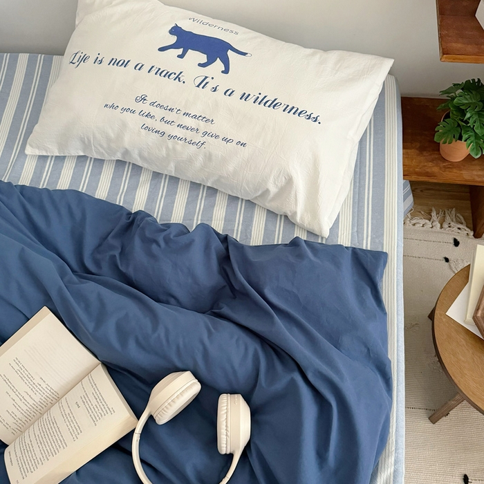 91家纺网 家纺一手货源 找家纺 艾沁 2024新款博主风全棉加密水洗棉四件套 漫步（枕套蓝色+白色）