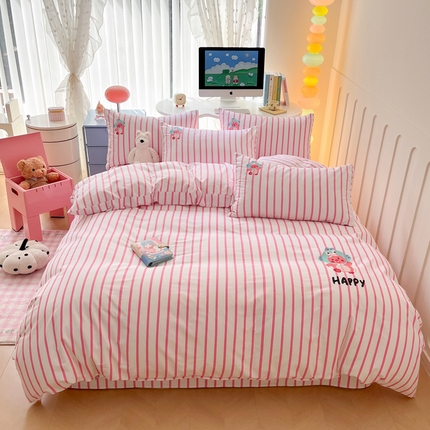 91家纺网 家纺一手货源 找家纺 雅居纺 2024新款全棉绣花老粗布单被套四件套 小海狸粉