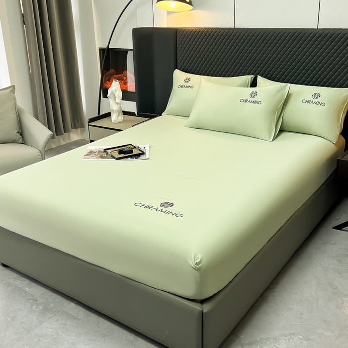 91家纺网 家纺一手货源 找家纺 笠裙家纺 2024新款水洗真丝刺绣床笠系列  浅豆绿