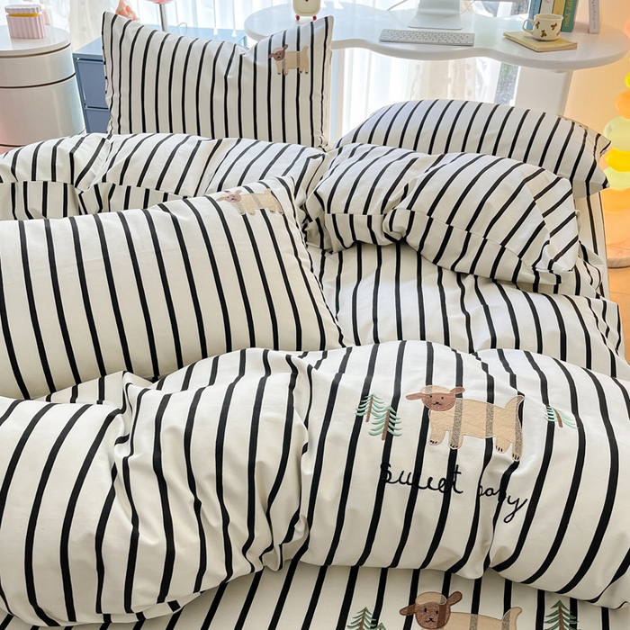 91家纺网 家纺一手货源 找家纺 雅居纺 2024新款全棉绣花老粗布单被套四件套 小绵羊