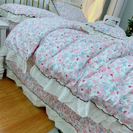 91家纺网 家纺一手货源 找家纺 暖居 2024新款韩系泡泡点棉花砂洗被套砂洗棉花床盖四件套 花园兔子