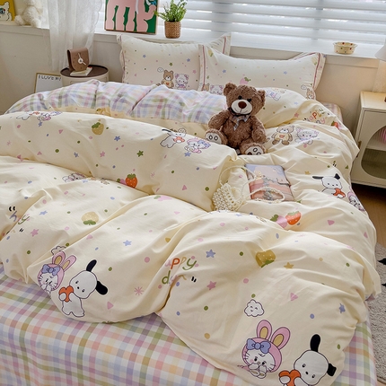 91家纺网 家纺一手货源 找家纺 乐童 2024新款直播爆款13070纯棉印花吊边款一字绣四件套第八波 甜蜜小兔