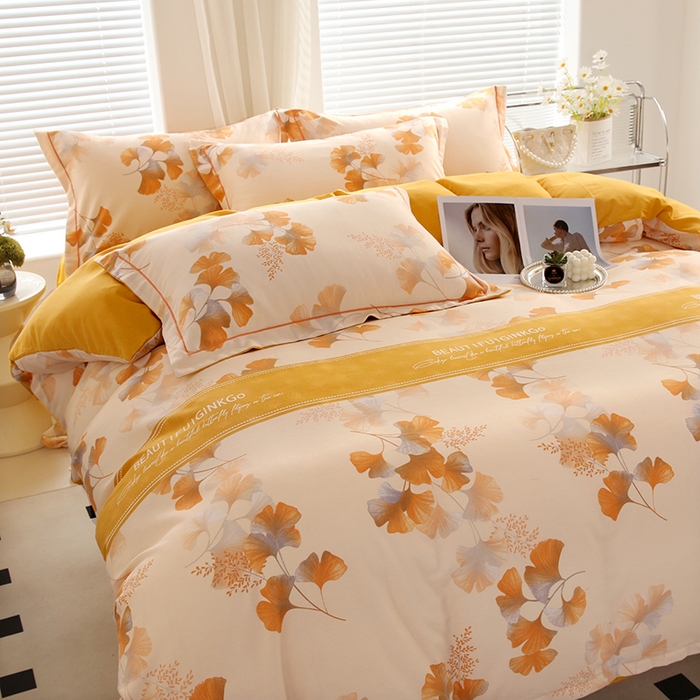 91家纺网 家纺一手货源 找家纺 金纱玉纺家纺 2024新款加厚AB版四件套金叶飘香黄AB