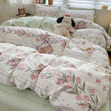 91家纺网 家纺一手货源 找家纺 （总）乐童 2024新款直播爆款13070纯棉印花吊边款一字绣四件套第八波