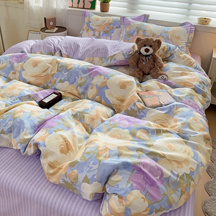 乐童 2024新款直播爆款13070纯棉印花吊边款一字绣四件套第八波 绽放