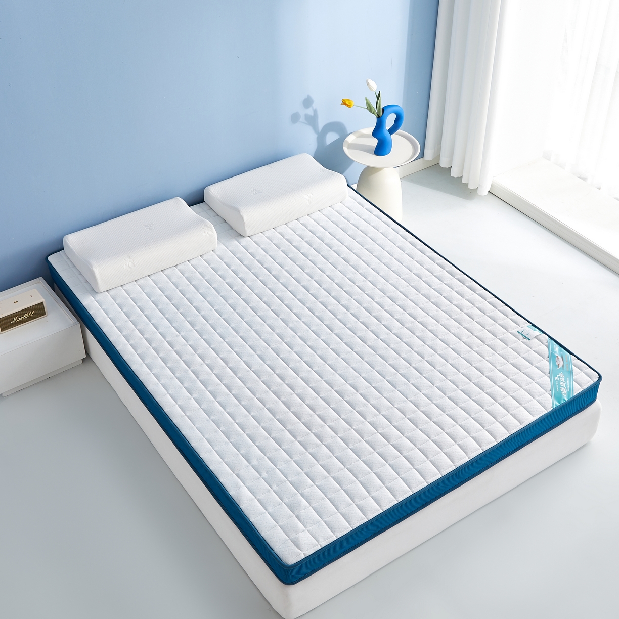 91家纺网 家纺一手货源 找家纺 时奥家纺 2024新款针织凝胶海绵床垫 华夫格蓝