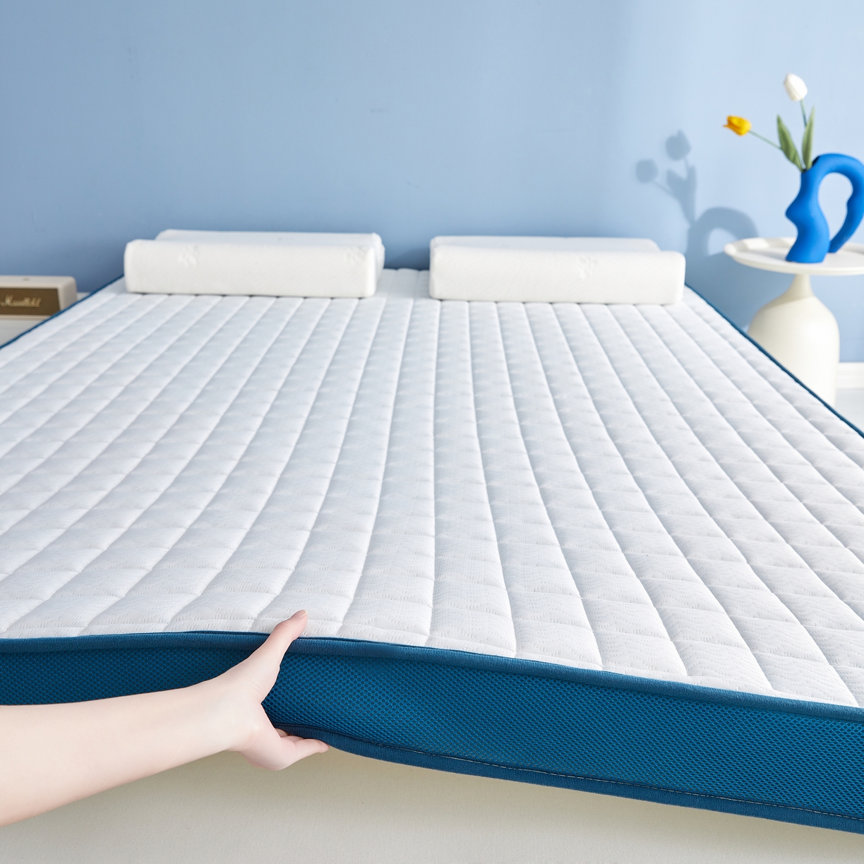 91家纺网 家纺一手货源 找家纺 时奥家纺 2024新款针织凝胶海绵床垫 华夫格蓝