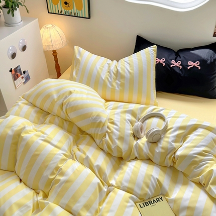 91家纺网 家纺一手货源 找家纺 阿曼达 2024新款ins博主风奶fufu软fufu水洗m法式奶油风氛围感波点条纹格子四件套 奶fu-条纹黄