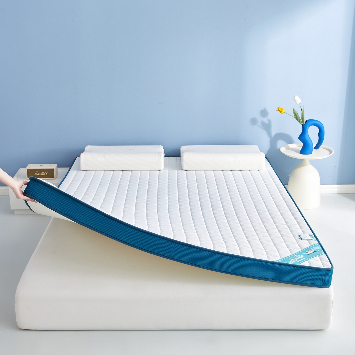 91家纺网 家纺一手货源 找家纺 时奥家纺 2024新款针织凝胶海绵床垫 华夫格蓝