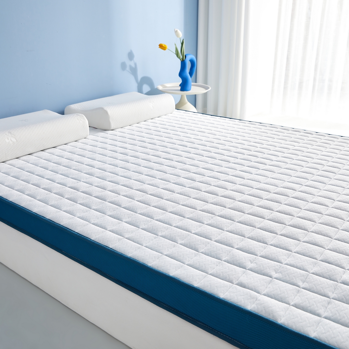 91家纺网 家纺一手货源 找家纺 时奥家纺 2024新款针织凝胶海绵床垫 华夫格蓝