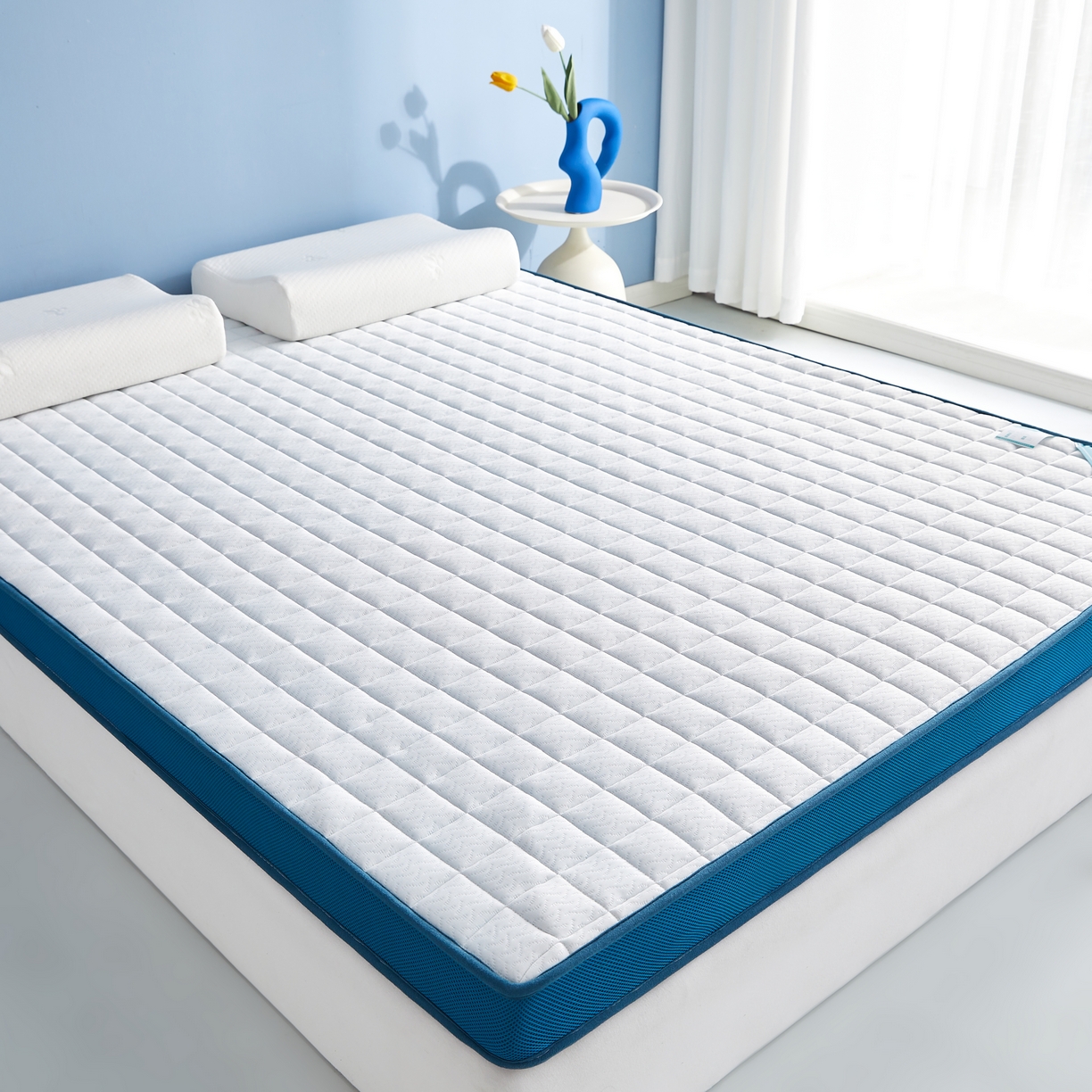 91家纺网 家纺一手货源 找家纺 时奥家纺 2024新款针织凝胶海绵床垫 华夫格蓝