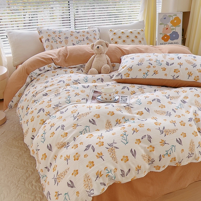 91家纺网 家纺一手货源 找家纺 氧家 2024新款水洗棉华夫格泡泡纱四件套 晓春咖