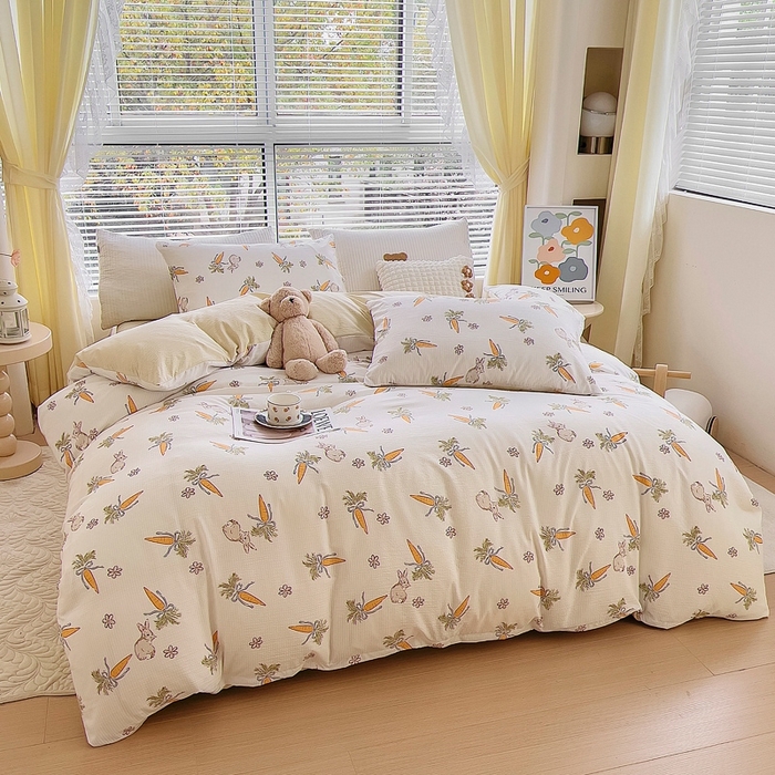 91家纺网 家纺一手货源 找家纺 氧家 2024新款水洗棉华夫格泡泡纱四件套 萝卜兔米