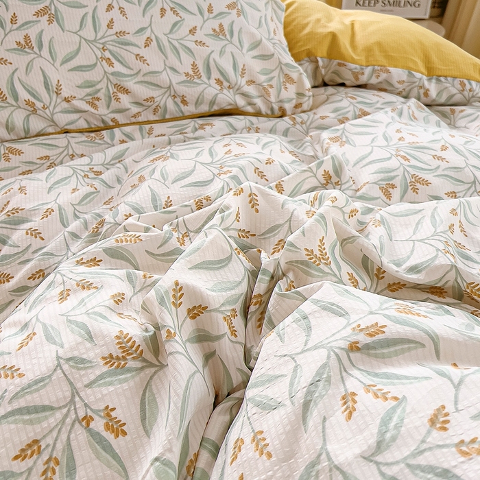 91家纺网 家纺一手货源 找家纺 氧家 2024新款水洗棉华夫格泡泡纱四件套 繁花黄