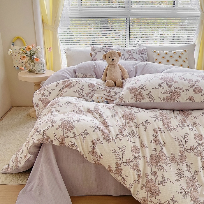 91家纺网 家纺一手货源 找家纺 氧家 2024新款水洗棉华夫格泡泡纱四件套 幽香灰