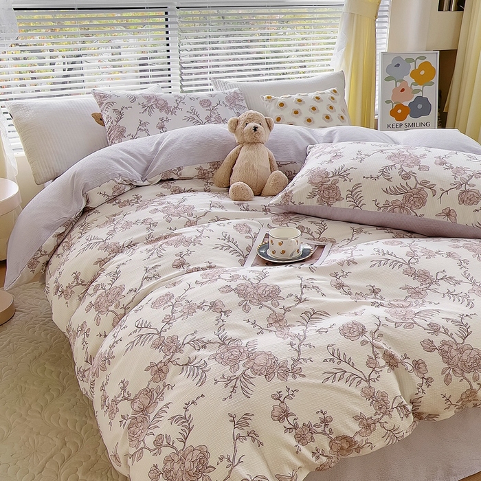 91家纺网 家纺一手货源 找家纺 氧家 2024新款水洗棉华夫格泡泡纱四件套 幽香灰