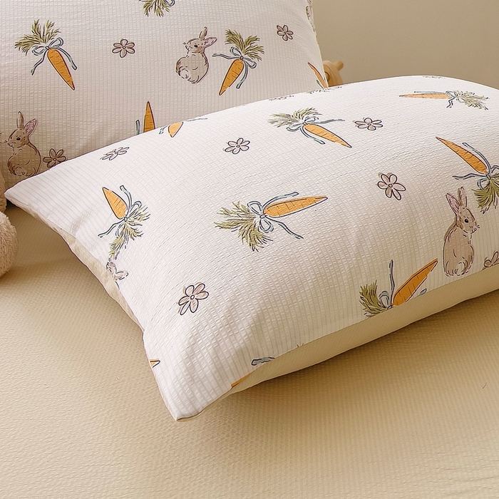 91家纺网 家纺一手货源 找家纺 氧家 2024新款水洗棉华夫格泡泡纱四件套 萝卜兔米