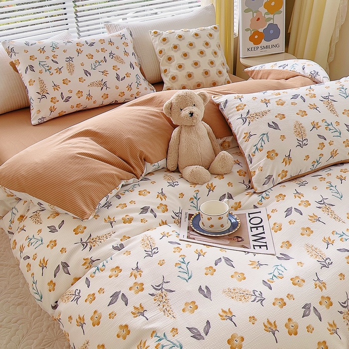 91家纺网 家纺一手货源 找家纺 氧家 2024新款水洗棉华夫格泡泡纱四件套 晓春咖