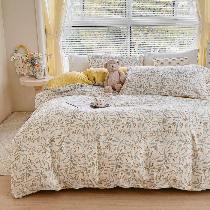 91家纺网 家纺一手货源 找家纺 氧家 2024新款水洗棉华夫格泡泡纱四件套 繁花黄