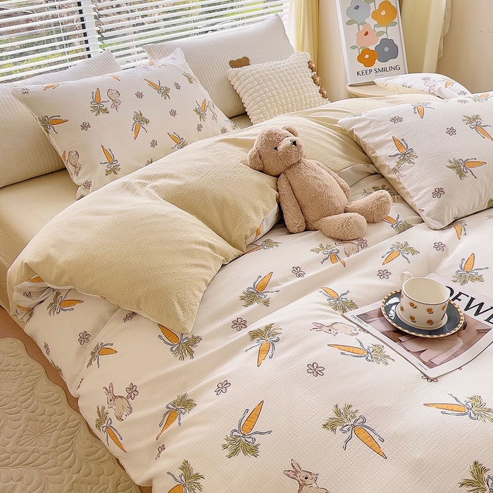 91家纺网 家纺一手货源 找家纺 氧家 2024新款水洗棉华夫格泡泡纱四件套 萝卜兔米