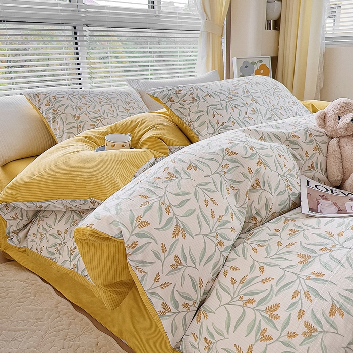 91家纺网 家纺一手货源 找家纺 氧家 2024新款水洗棉华夫格泡泡纱四件套 繁花黄