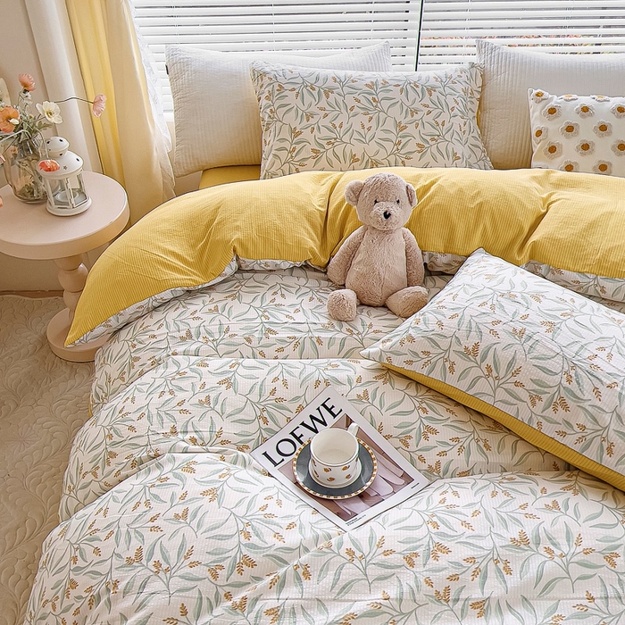 91家纺网 家纺一手货源 找家纺 氧家 2024新款水洗棉华夫格泡泡纱四件套 繁花黄