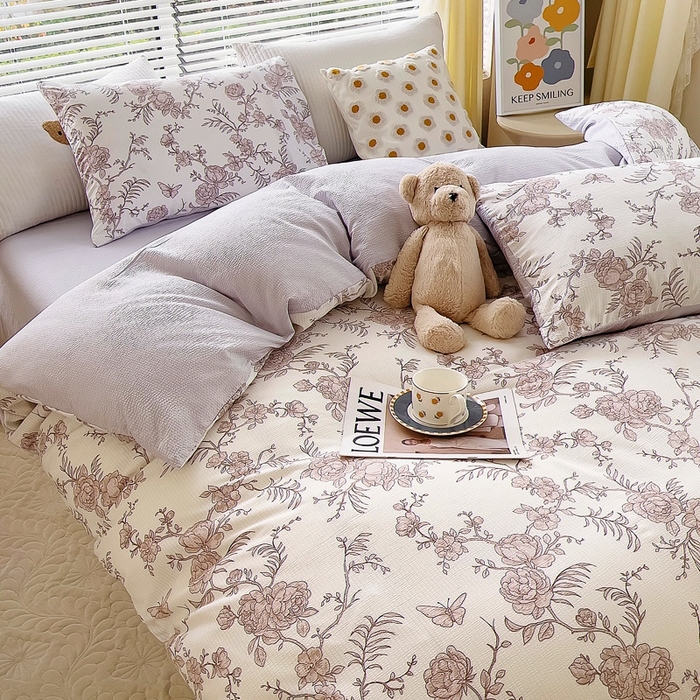 91家纺网 家纺一手货源 找家纺 氧家 2024新款水洗棉华夫格泡泡纱四件套 幽香灰