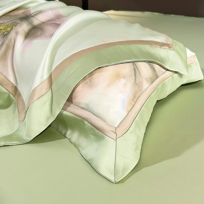 91家纺网 家纺一手货源 找家纺 氧家 2024新款兰精天丝数码印花四件套双对角工艺 雪瑶绿