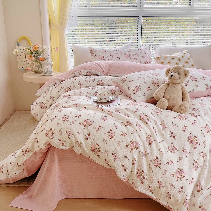 91家纺网 家纺一手货源 找家纺 氧家 2024新款水洗棉华夫格泡泡纱四件套 爱丽丝粉