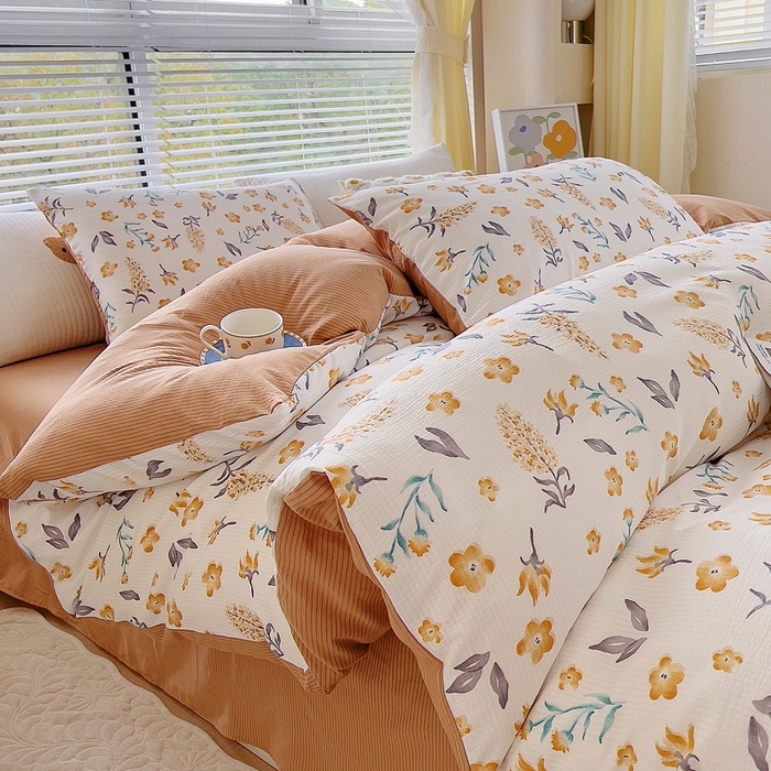 91家纺网 家纺一手货源 找家纺 氧家 2024新款水洗棉华夫格泡泡纱四件套 晓春咖