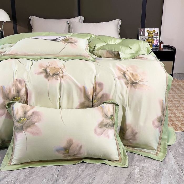 91家纺网 家纺一手货源 找家纺 氧家 2024新款兰精天丝数码印花四件套双对角工艺 雪瑶绿