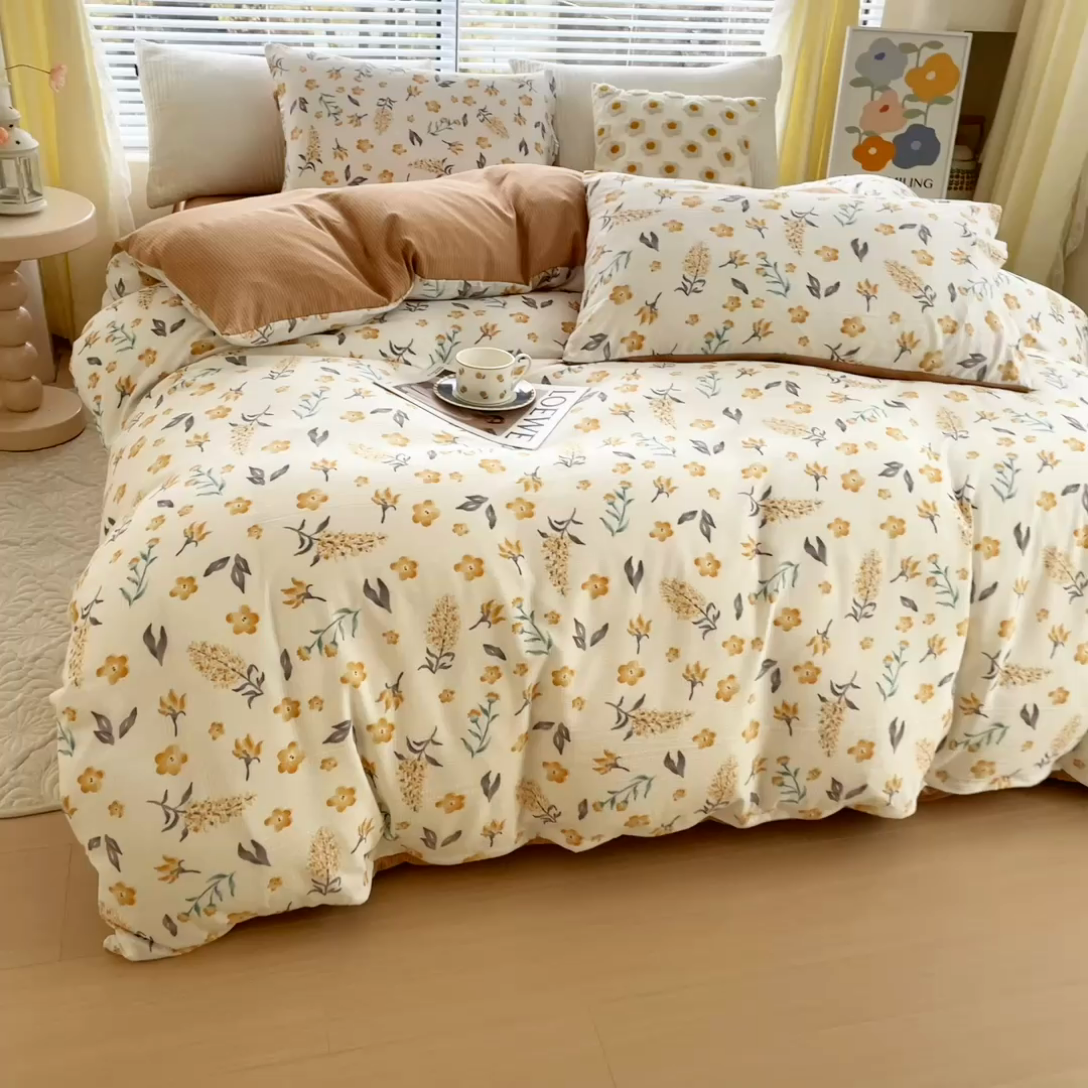 91家纺网 家纺一手货源 找家纺 氧家 2024新款水洗棉华夫格泡泡纱四件套 晓春咖