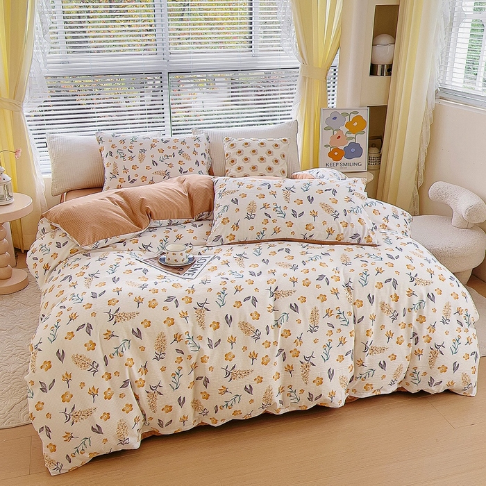 91家纺网 家纺一手货源 找家纺 氧家 2024新款水洗棉华夫格泡泡纱四件套 晓春咖