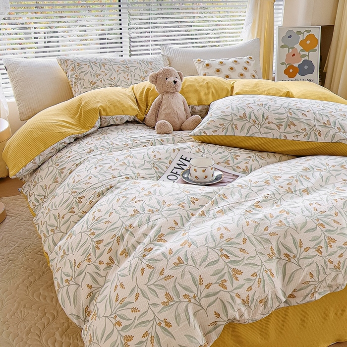 91家纺网 家纺一手货源 找家纺 氧家 2024新款水洗棉华夫格泡泡纱四件套 繁花黄