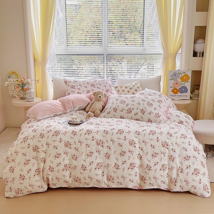 91家纺网 家纺一手货源 找家纺 氧家 2024新款水洗棉华夫格泡泡纱四件套 爱丽丝粉