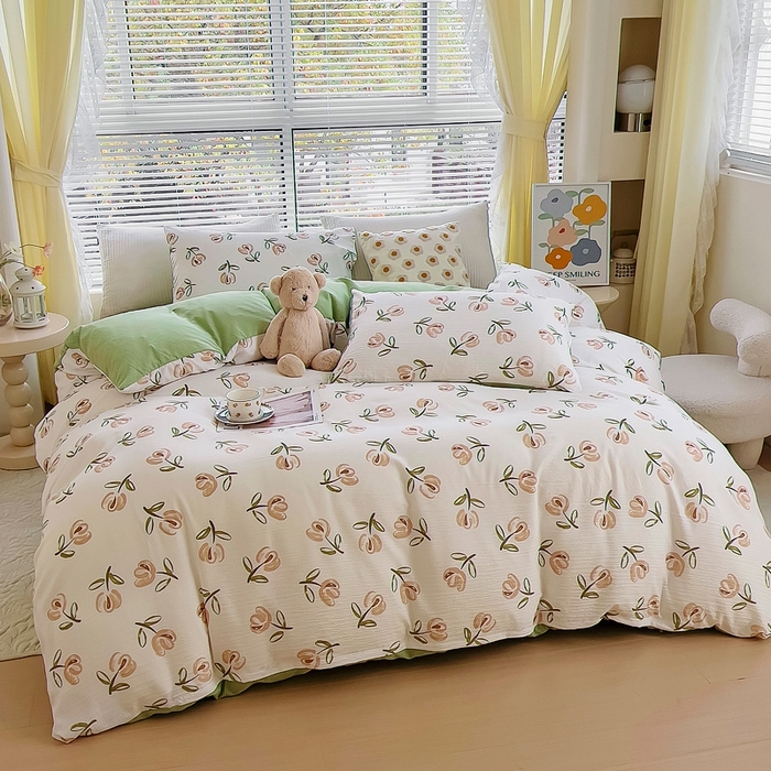 91家纺网 家纺一手货源 找家纺 氧家 2024新款水洗棉华夫格泡泡纱四件套 郁金香