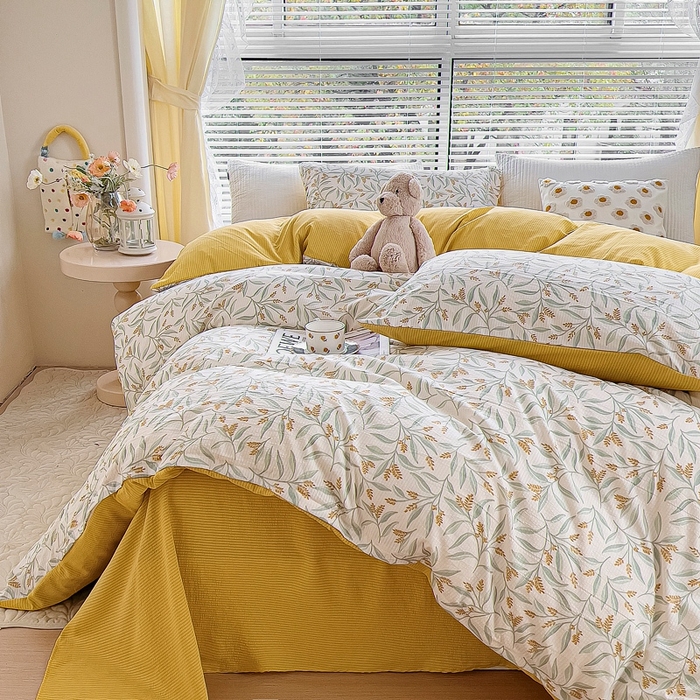 91家纺网 家纺一手货源 找家纺 氧家 2024新款水洗棉华夫格泡泡纱四件套 繁花黄