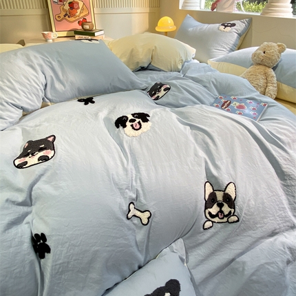 91家纺网 家纺一手货源 找家纺 （总）优兰朵 2024新款纯色双拼水洗棉毛巾绣卡通四件套超柔亲肤系列