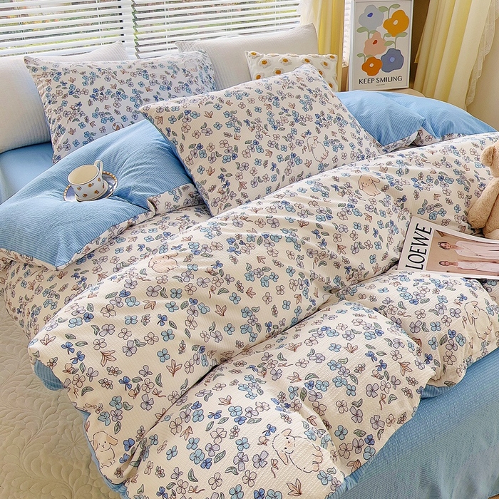 91家纺网 家纺一手货源 找家纺 氧家 2024新款水洗棉华夫格泡泡纱四件套 洛丽塔蓝