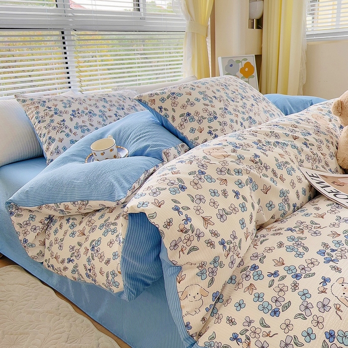 91家纺网 家纺一手货源 找家纺 氧家 2024新款水洗棉华夫格泡泡纱四件套 洛丽塔蓝