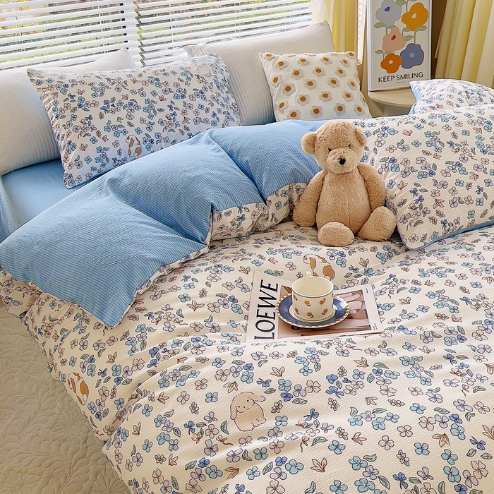 91家纺网 家纺一手货源 找家纺 氧家 2024新款水洗棉华夫格泡泡纱四件套 洛丽塔蓝